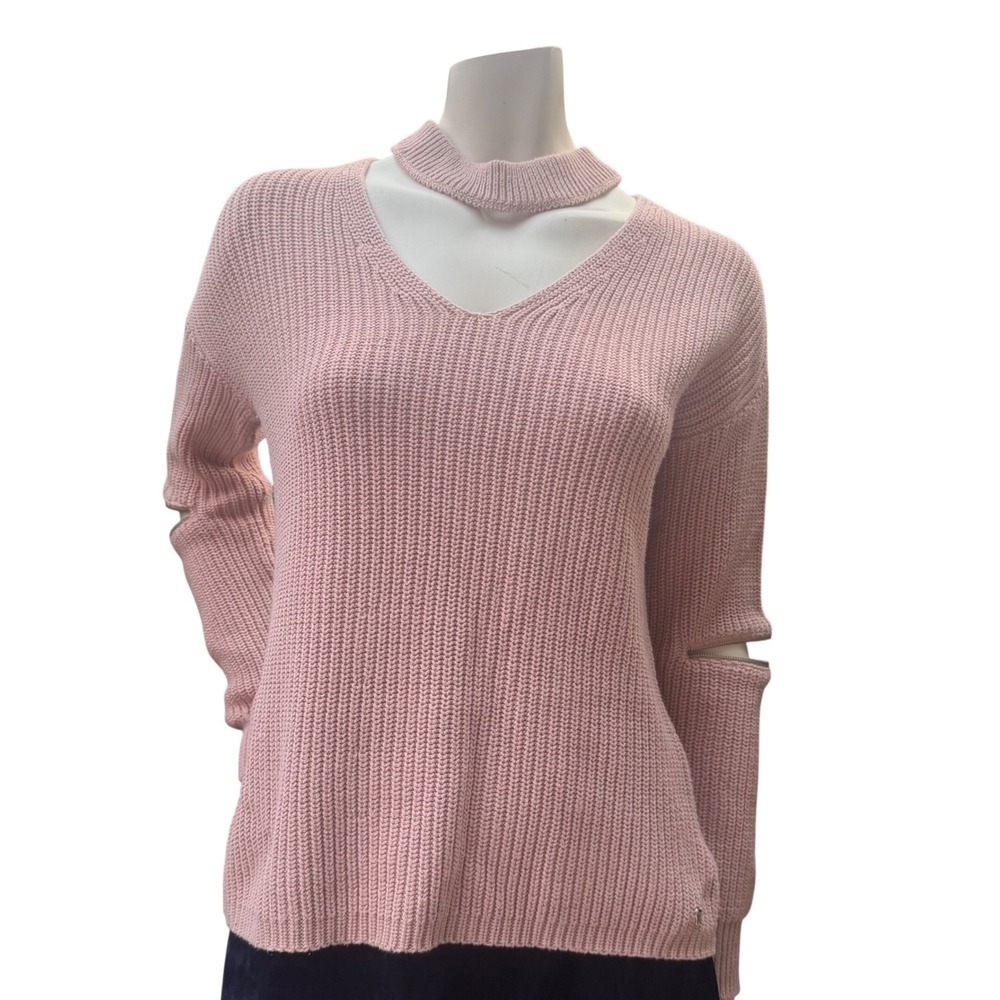 Guess Ribbed Knit Choker Neck Sweater Pink Zipper Elbow Balletcore Edgy L